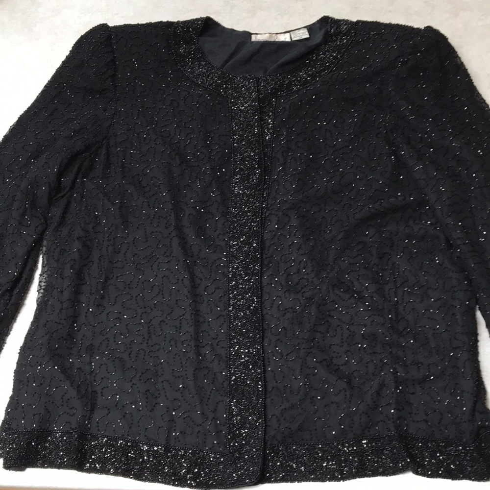 Laurence Kazar Black Beaded Sequin Silk Jacket 3X